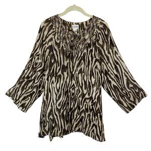 Chico's Silk Animal Print Beaded Tunic Top Women Sz 3(XL) Brown/Tan Sheer EUC